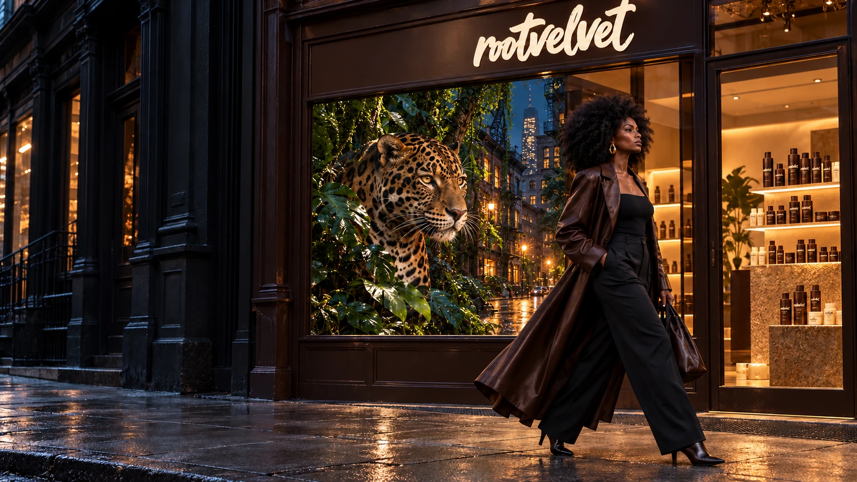 A confident Black woman outside the Rootvelvet store at night, where city architecture meets a wild forest display.